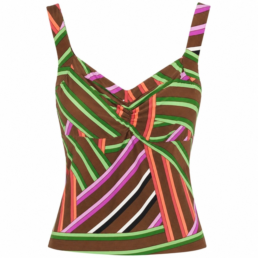 Bisou Bisou Michele Bohbot Brown Green Geometric Stripe Ruched Cami Top Large